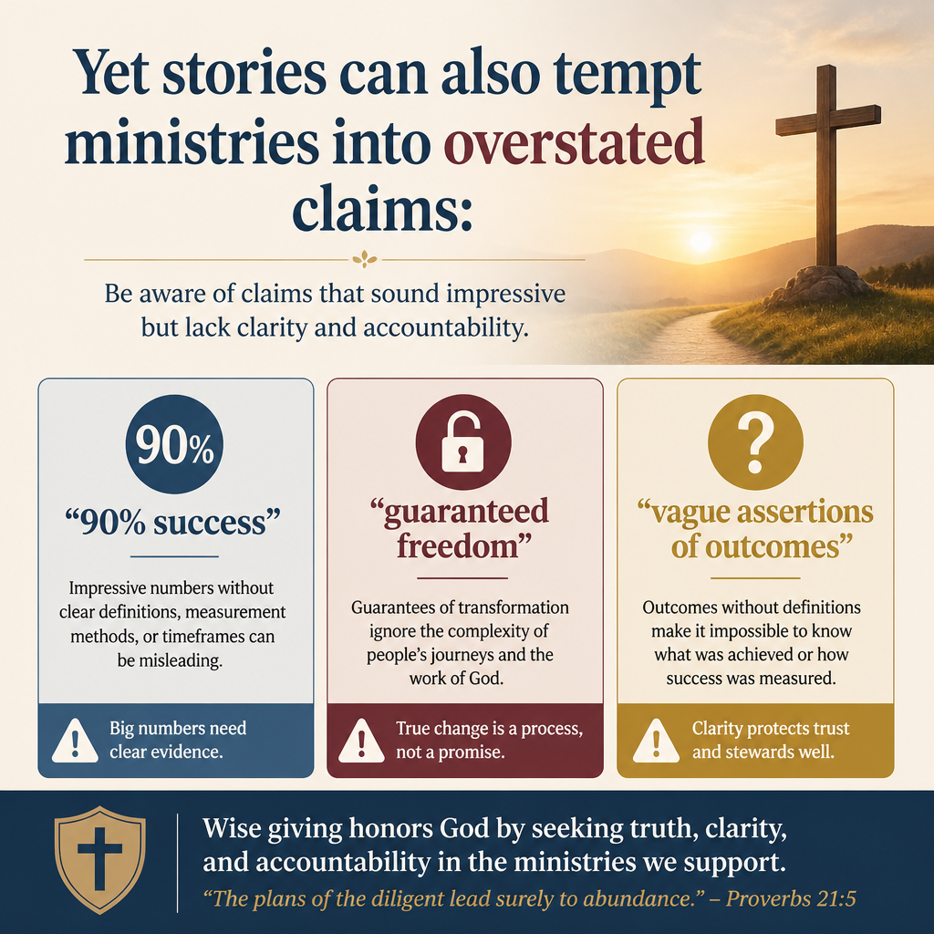 Yet stories can also tempt ministries into overstated claims: “90% success,” “guaranteed freedom,” or vague assertions o