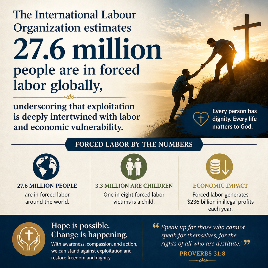 The International Labour Organization estimates 27.6 million people are in forced labor globally, underscoring that expl