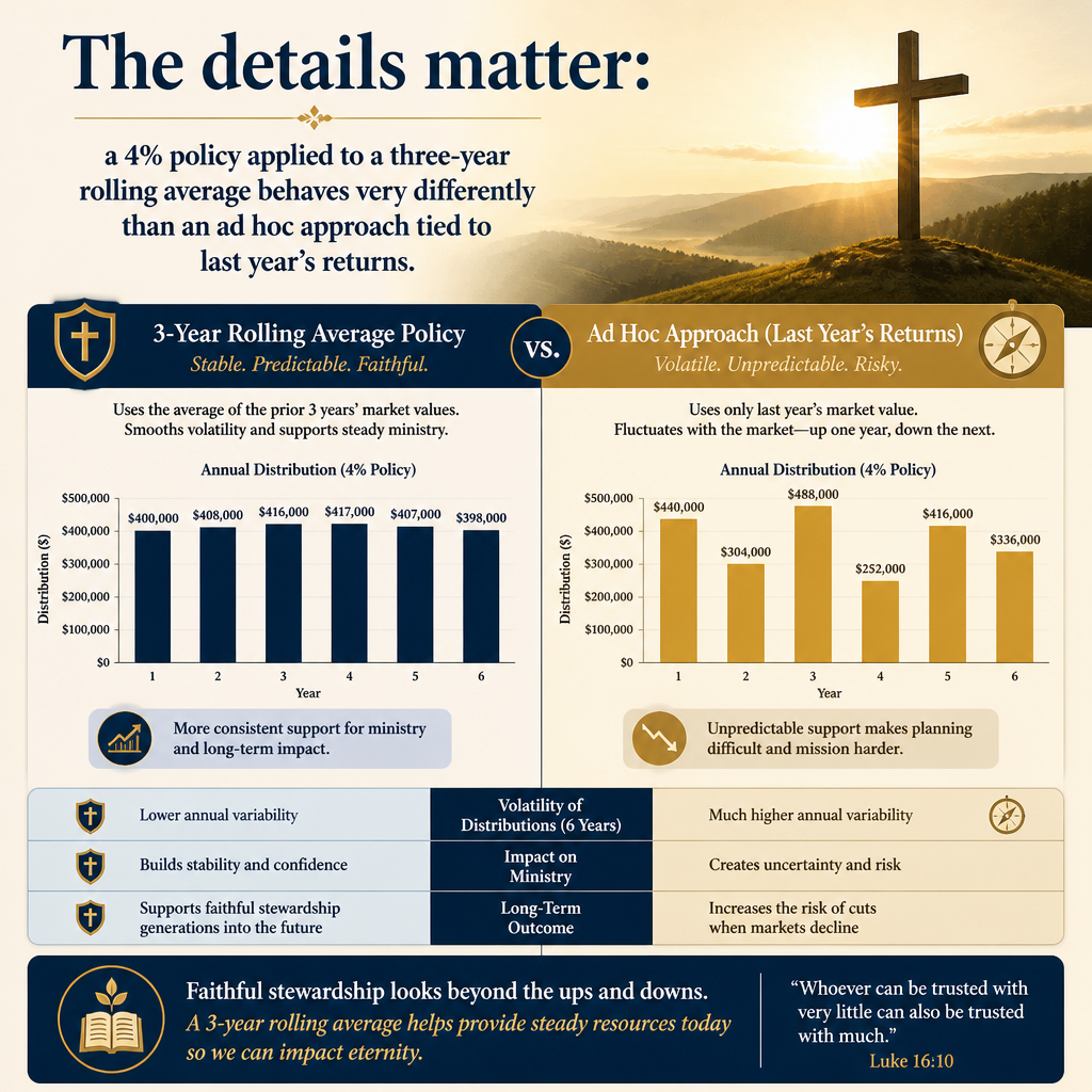 The details matter: a 4% policy applied to a three-year rolling average behaves very differently than an ad hoc approach