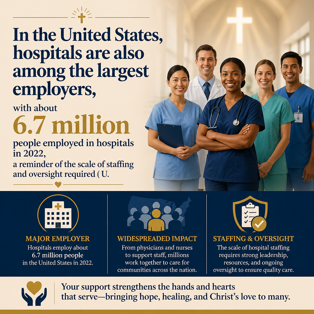 In the United States, hospitals are also among the largest employers, with about 6.7 million people employed in hospital