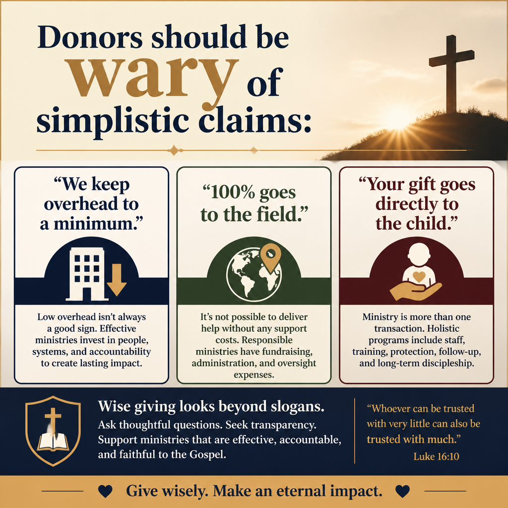 Donors should be wary of simplistic claims: “We keep overhead to a minimum,” “100% goes to the field,” or “Your gift goe