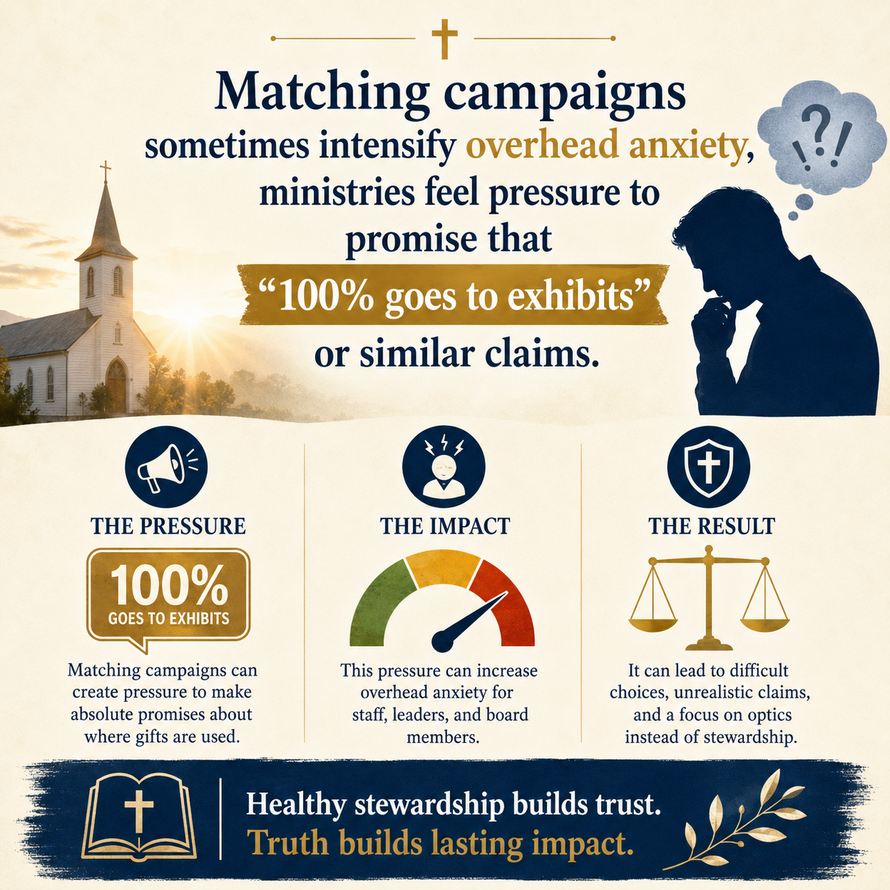 Matching campaigns sometimes intensify overhead anxiety, as ministries feel pressure to promise that “100% goes to exhib