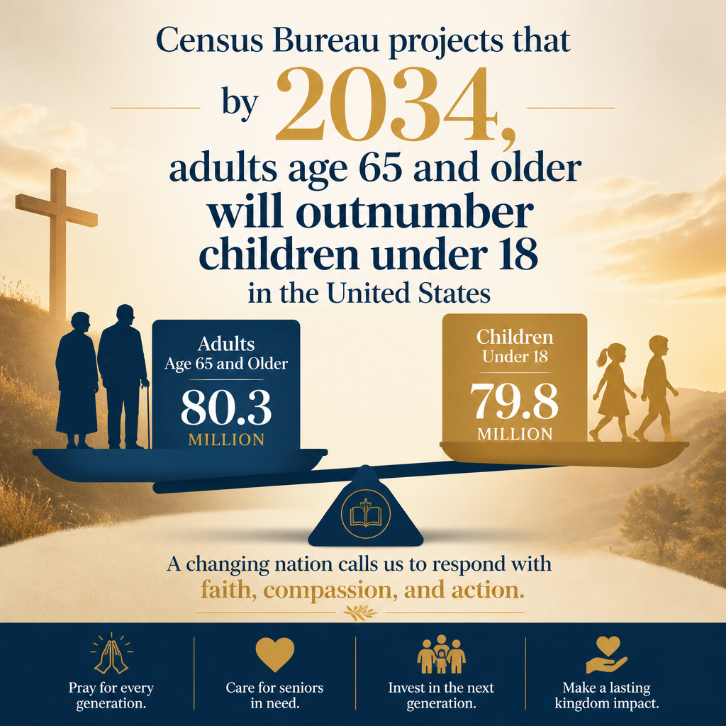 Census Bureau projects that by 2034, adults age 65 and older will outnumber children under 18 in the United States ( U.