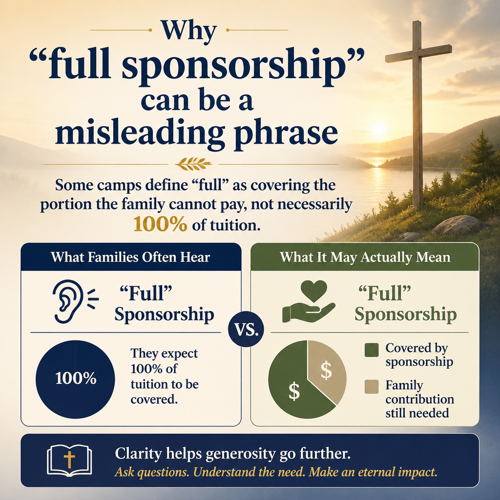 Why “full sponsorship” can be a misleading phrase Some camps define “full” as covering the portion the family cannot pay