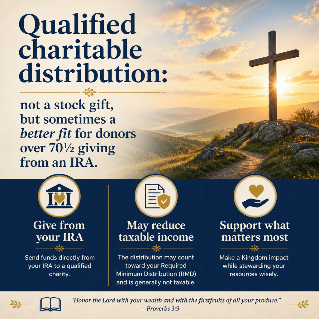 Qualified charitable distribution: not a stock gift, but sometimes a better fit for donors over 70½ giving from an IRA.
