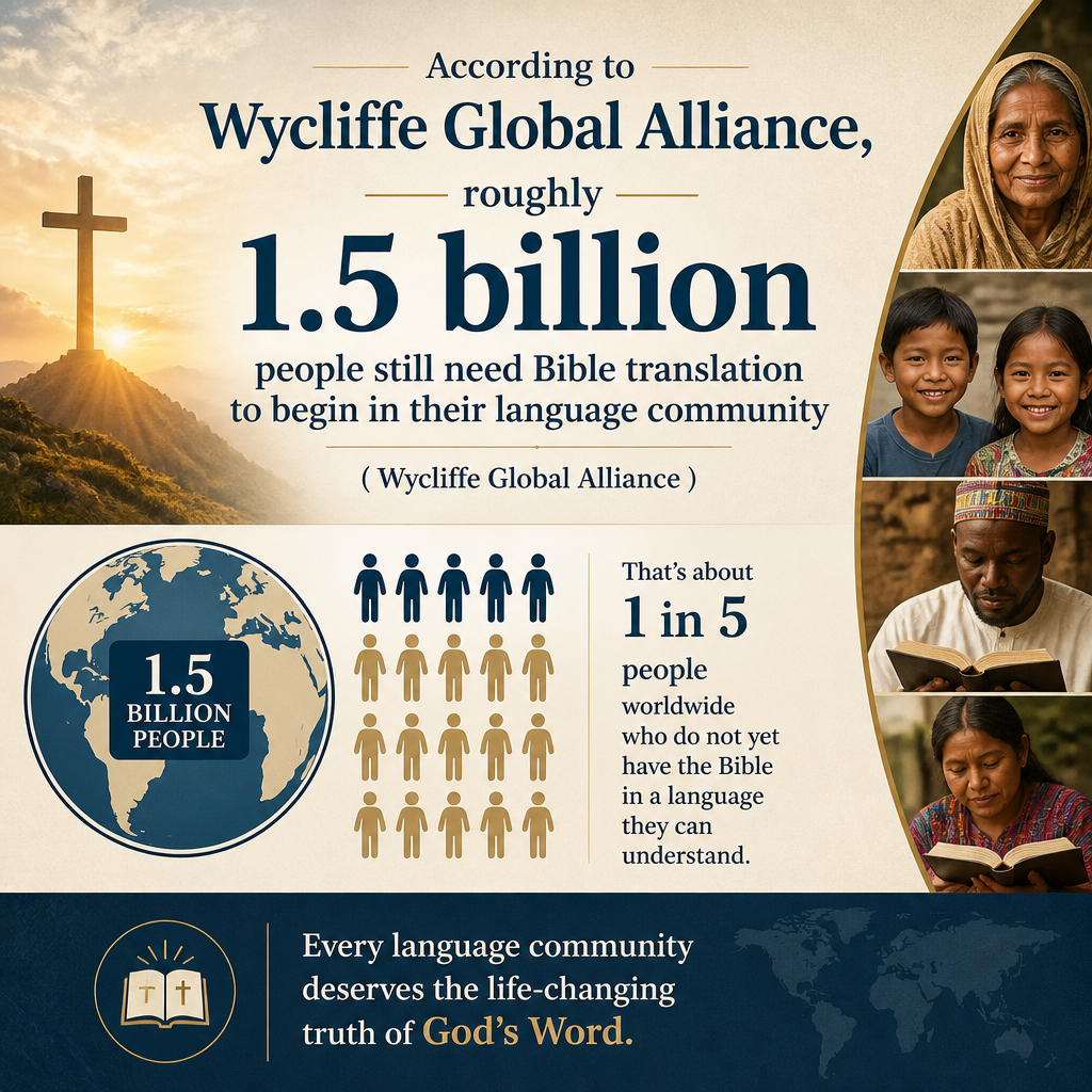 According to Wycliffe Global Alliance, roughly 1.5 billion people still need Bible translation to begin in their languag