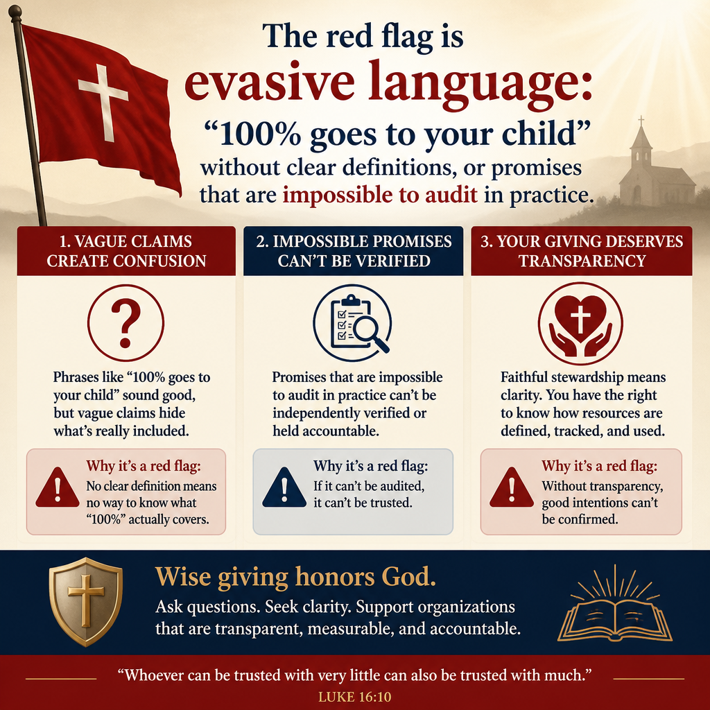 The red flag is evasive language: “100% goes to your child” without clear definitions, or promises that are impossible t