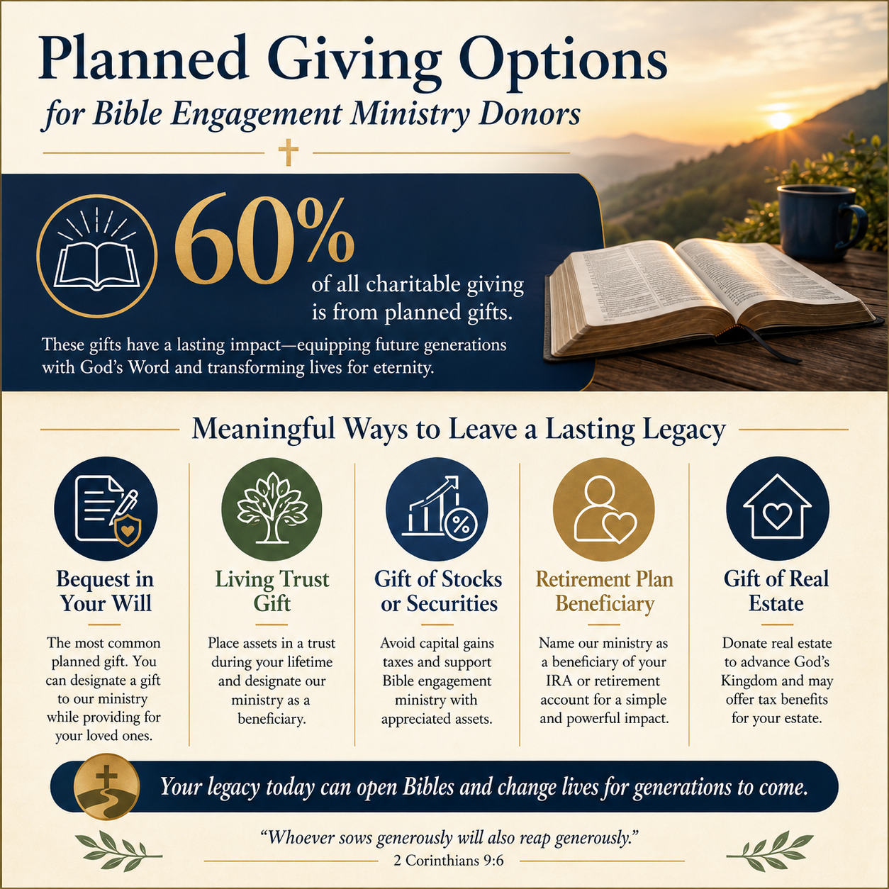 Planned giving options for Bible engagement ministry donors statistics