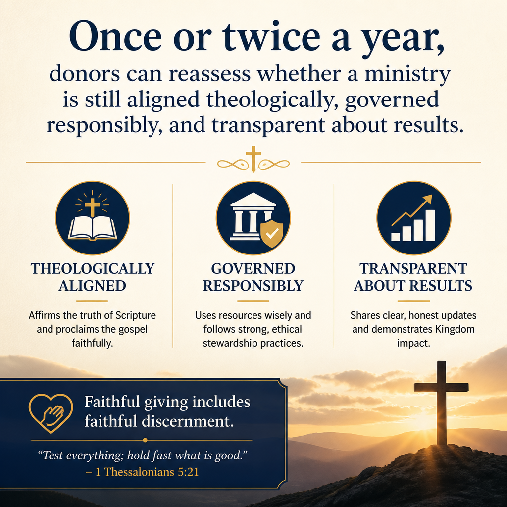 Once or twice a year, donors can reassess whether a ministry is still aligned theologically, governed responsibly, and t