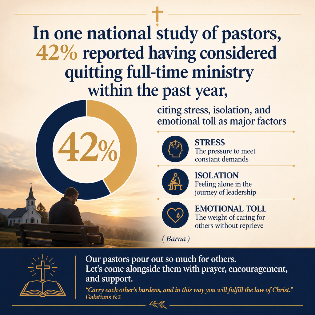 In one national study of pastors, 42% reported having considered quitting full-time ministry within the past year, citin