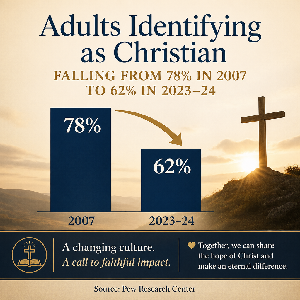 adults identifying as Christian falling from 78% in 2007 to 62% in 2023–24 Pew Research Center.