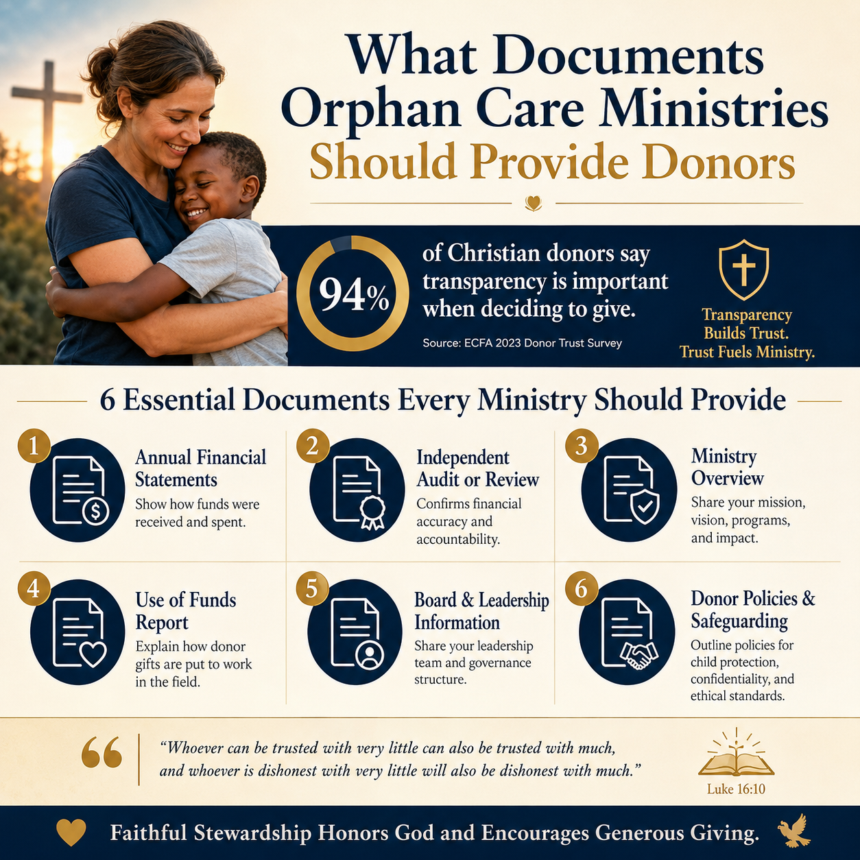 What documents orphan care ministries should provide donors statistics