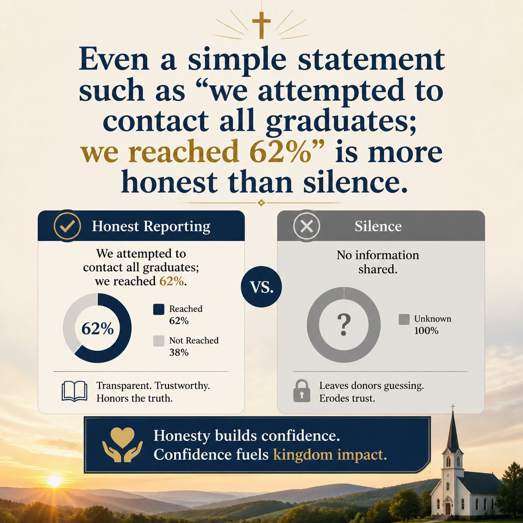 Even a simple statement such as “we attempted to contact all graduates; we reached 62%” is more honest than silence.