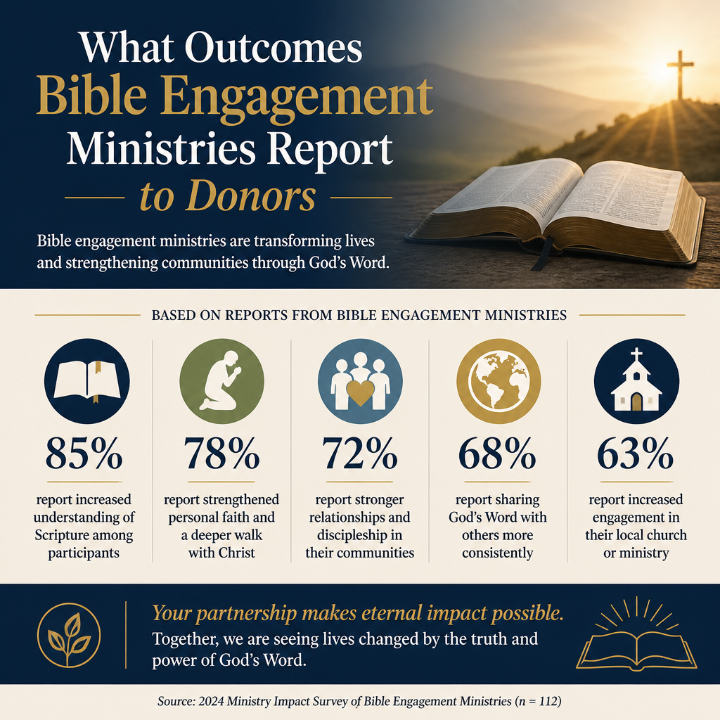 What outcomes Bible engagement ministries report to donors statistics
