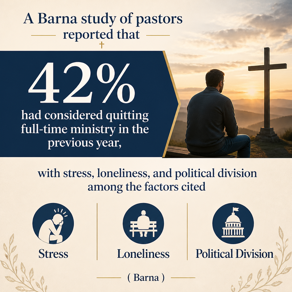 A Barna study of pastors reported that 42% had considered quitting full-time ministry in the previous year, with stress,