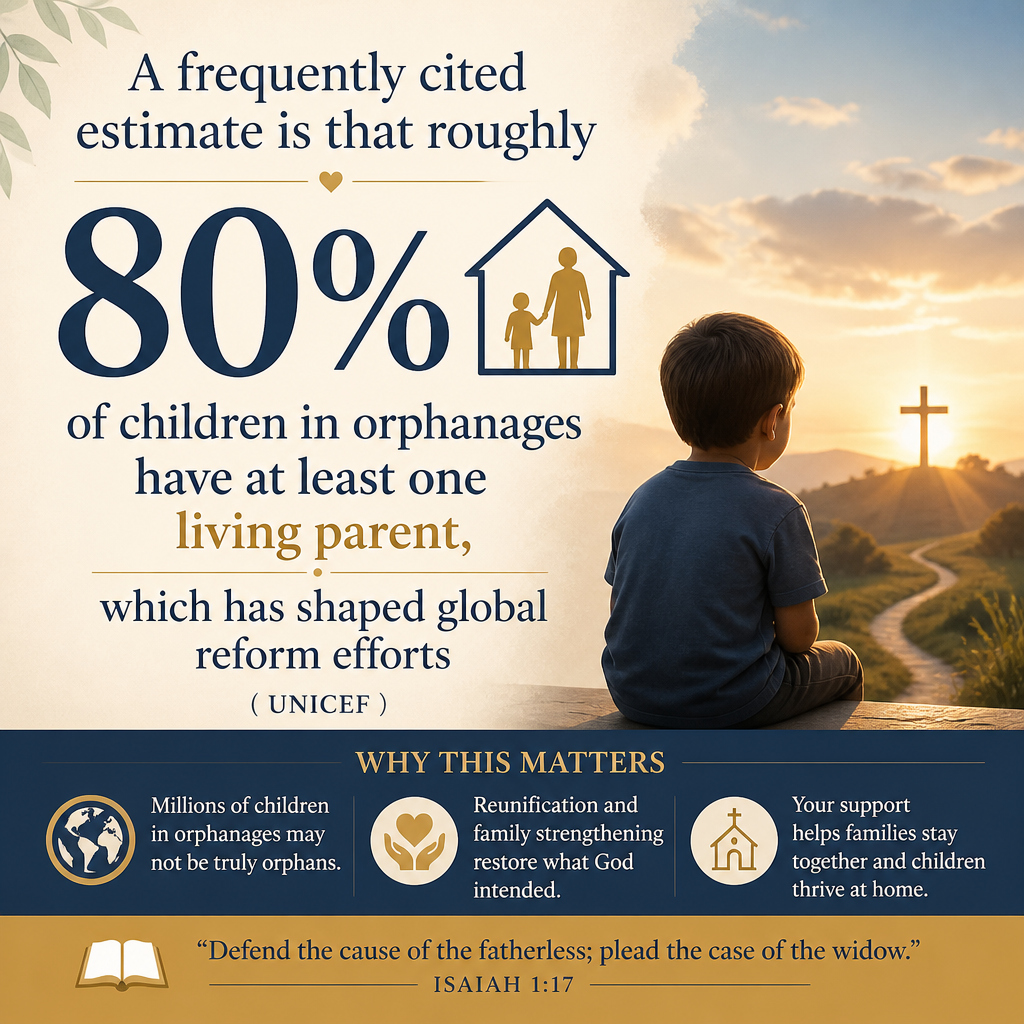 A frequently cited estimate is that roughly 80% of children in orphanages have at least one living parent, which has sha