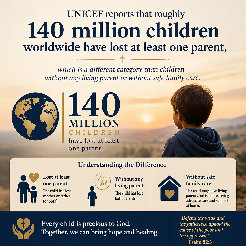 UNICEF reports that roughly 140 million children worldwide have lost at least one parent, which is a different category