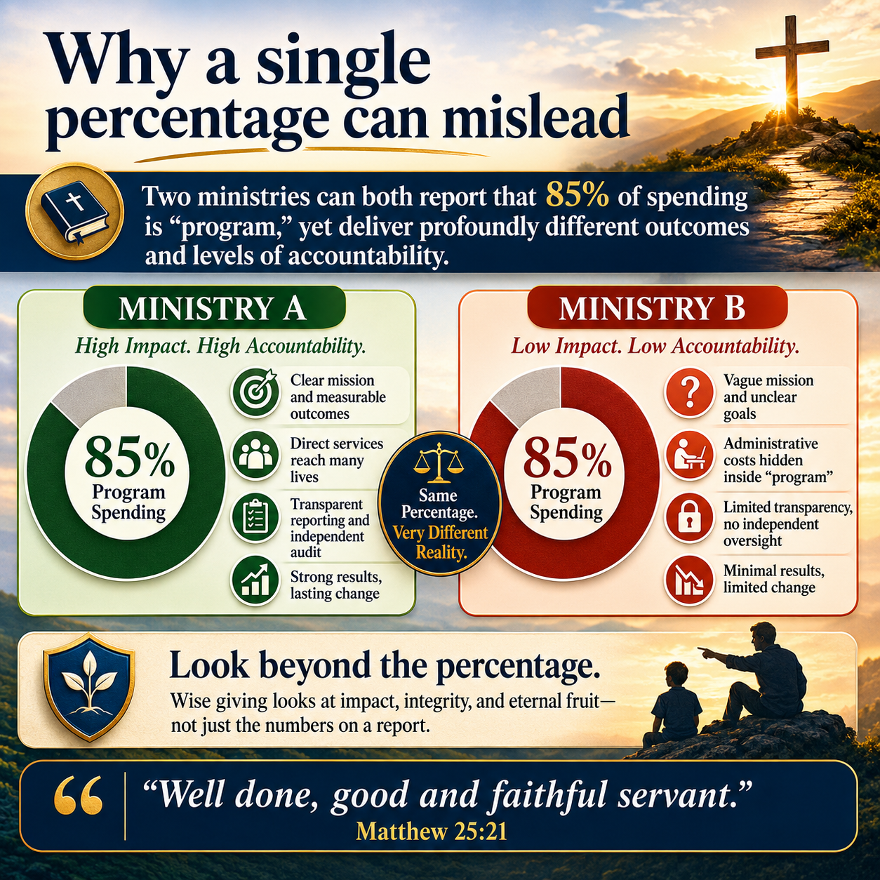Why a single percentage can mislead Two ministries can both report that 85% of spending is “program,” yet deliver profou