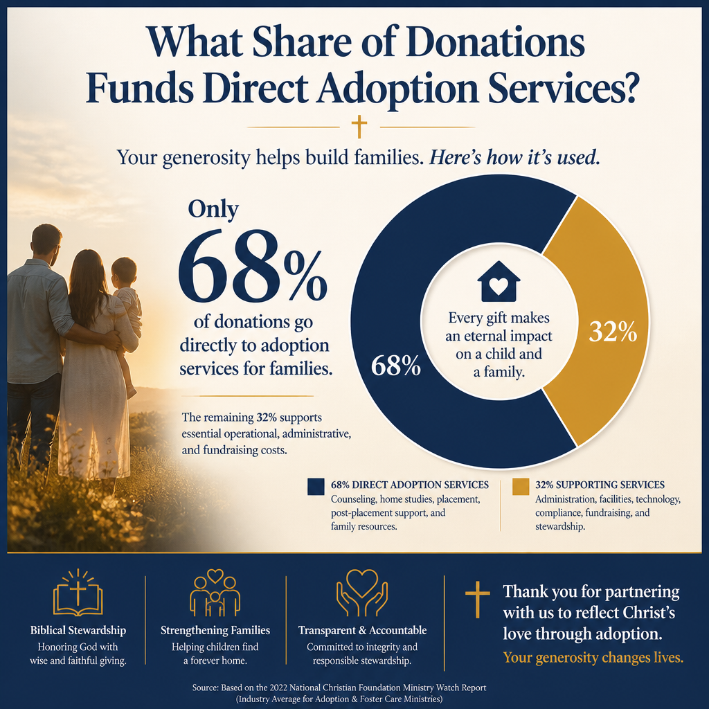 What share of donations funds direct adoption services statistics