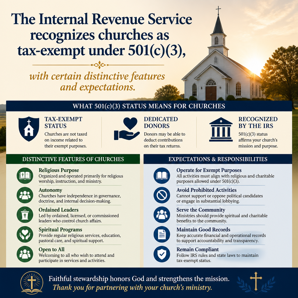 The Internal Revenue Service recognizes churches as tax-exempt under 501(c)(3), with certain distinctive features and ex