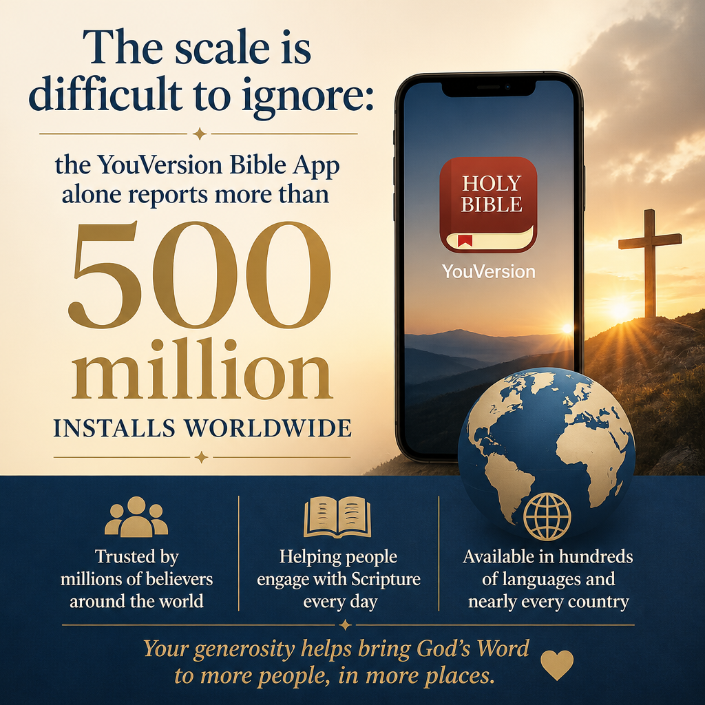 The scale is difficult to ignore: the YouVersion Bible App alone reports more than 500 million installs worldwide YouVer